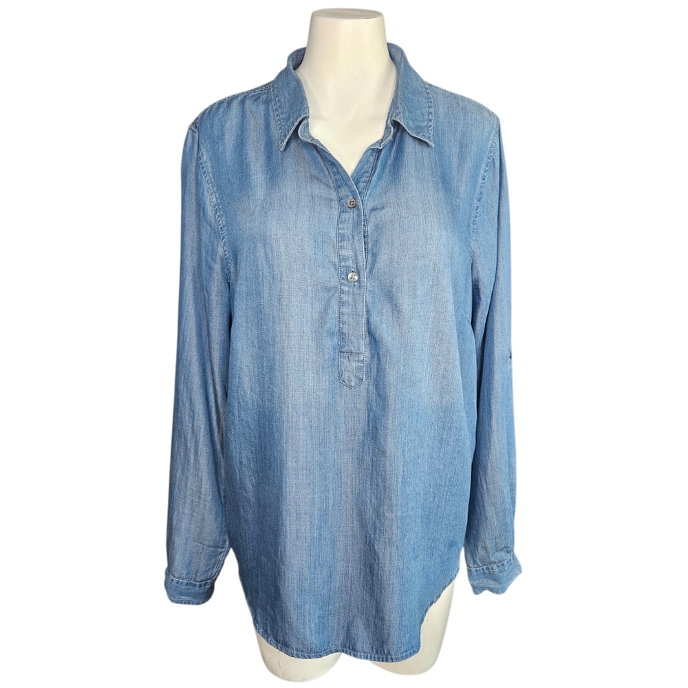 Liverpool Popover Womens Size Med Blue Chambray Roll Tab L/S Blouse Coastal
